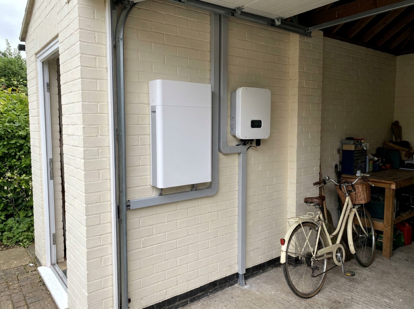 A home battery and inverter mounted on a painted garage wall